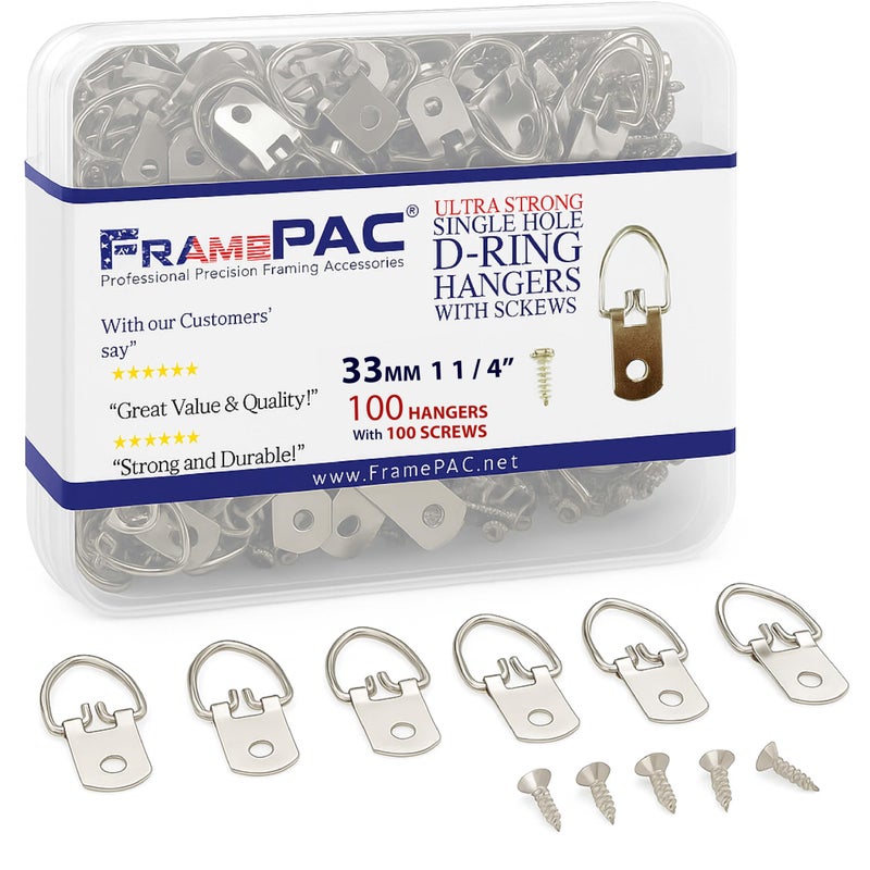 FramePac D Ring Picture Hangers with Screws - 100 Pack - Bulk D Rings - Pro Quality Hangers - Picture Hanging Solutions - Image 1
